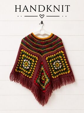 Handmade Granny Square Crochet Poncho – Kids One Size